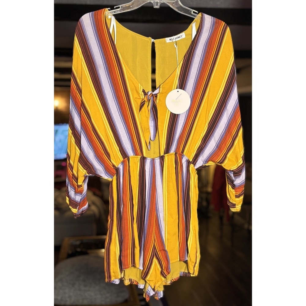 NWT Wild Honey Striped Romper Womens Yellow‎ Boho Tie Front Wide Sleeve M